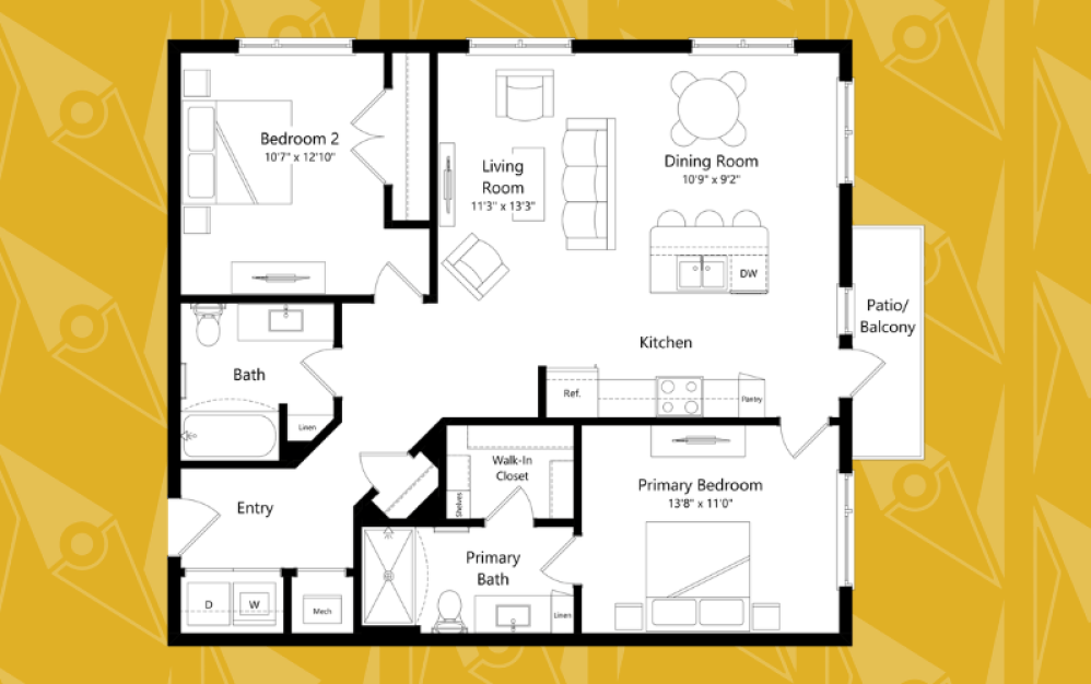 two bedroom two bathroom with open living room, natural light and a private balcony